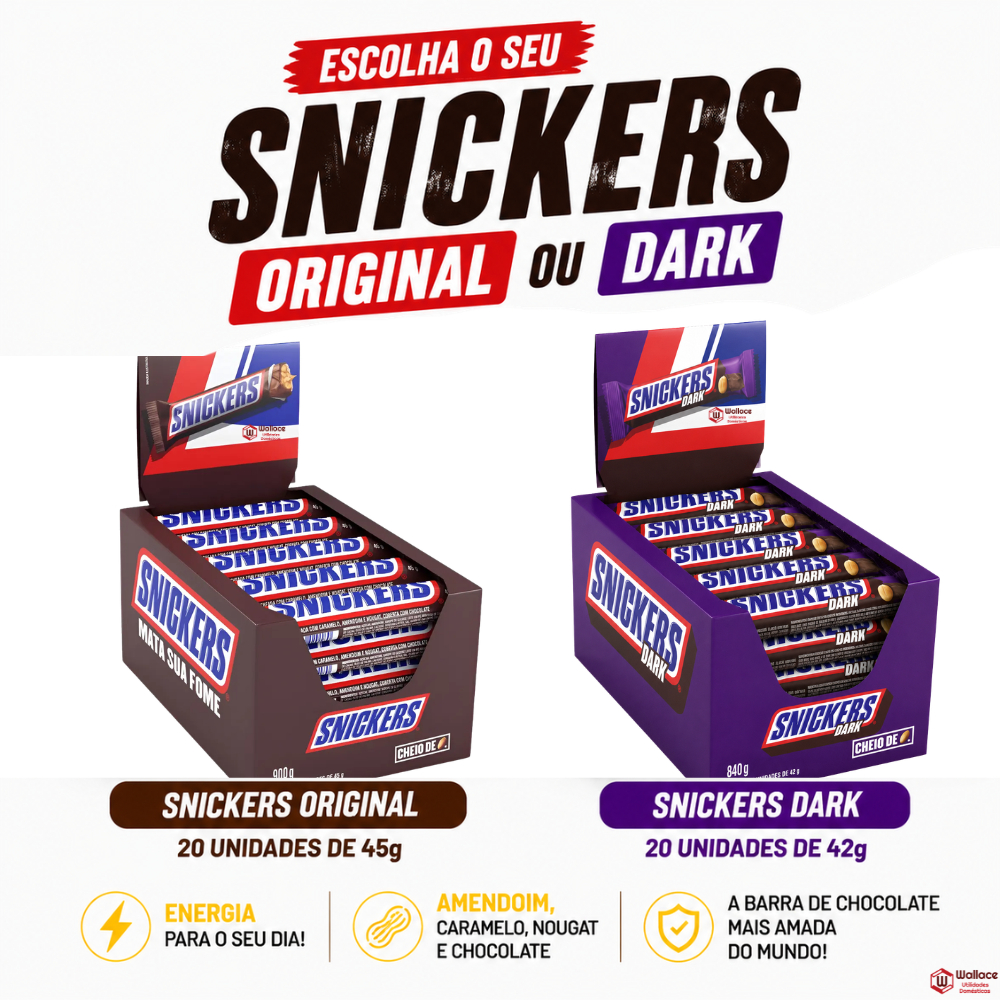 Caixa Fechada Chocolate Snickers Original, Dark, Branco ou Pé de Moleque – 20 Unidades