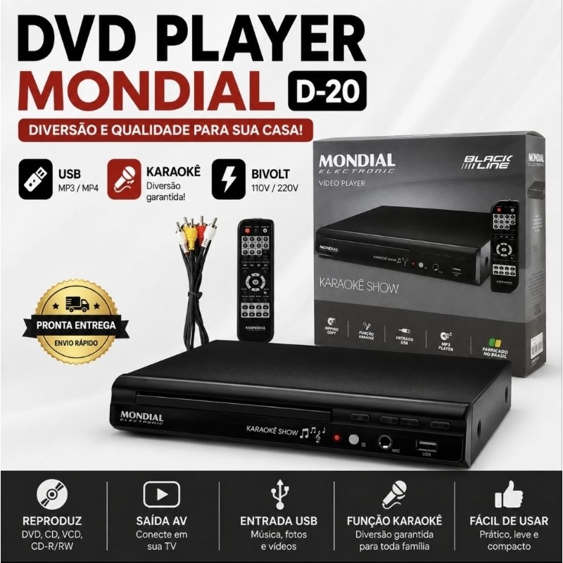 DVD Player D-20 Mondial Karaokê USB MP3 Bivolt Saída AV