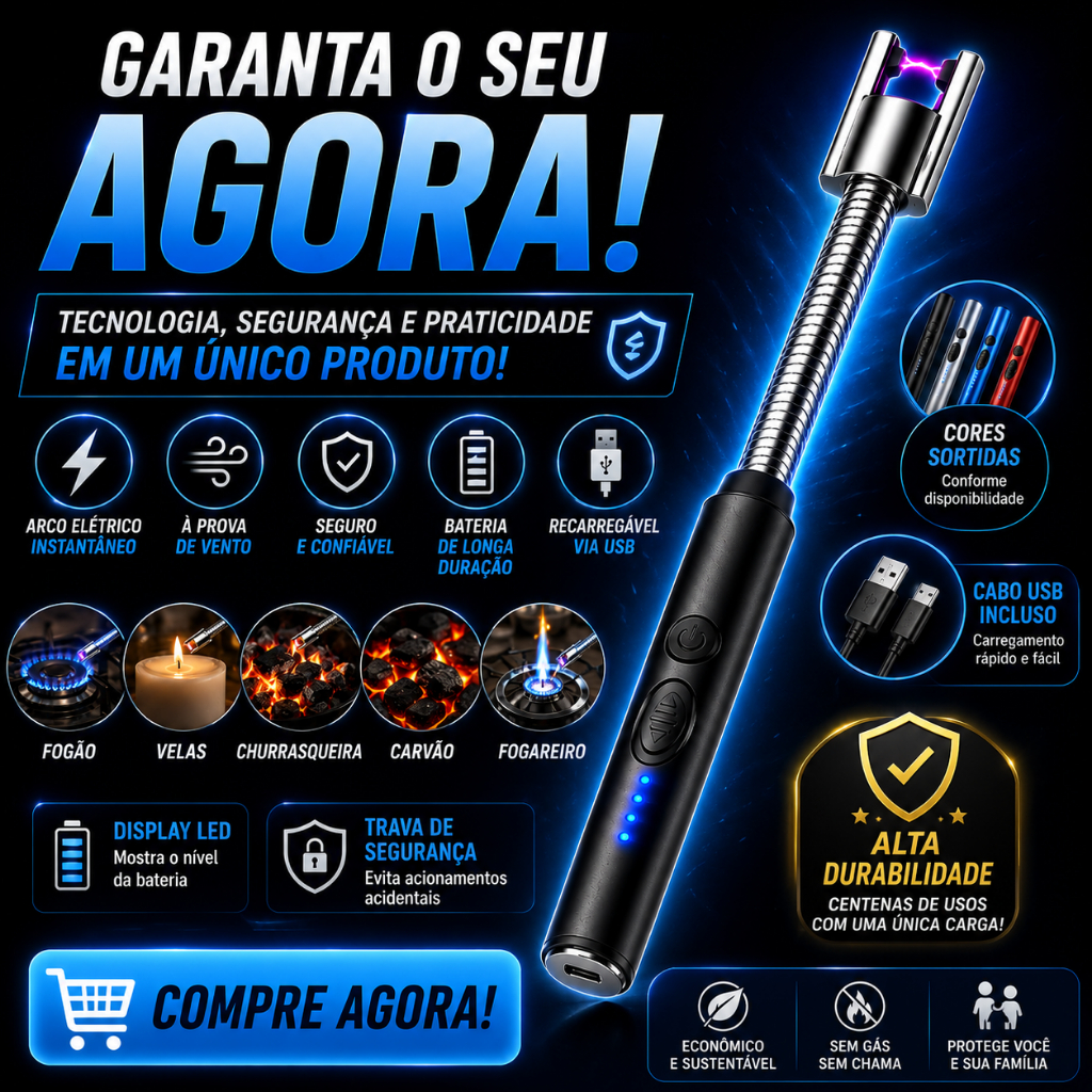 Isqueiro de Plasma USB Recarregável Acendedor Elétrico Flexível 360° para Fogão Vela e Churrasco