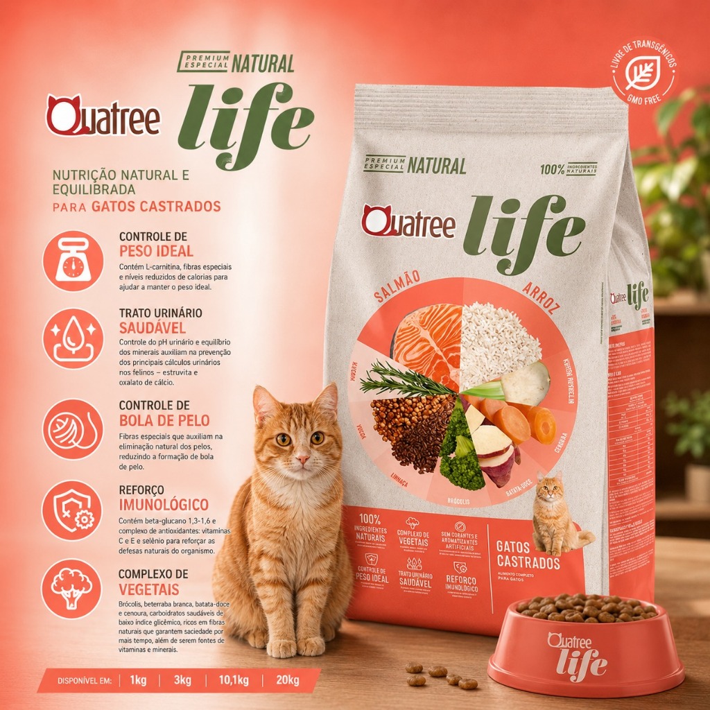 Ração Gato Adulto Castrado 10.1KG Quatree Life Sabor Salmao e Arroz 36% Proteína