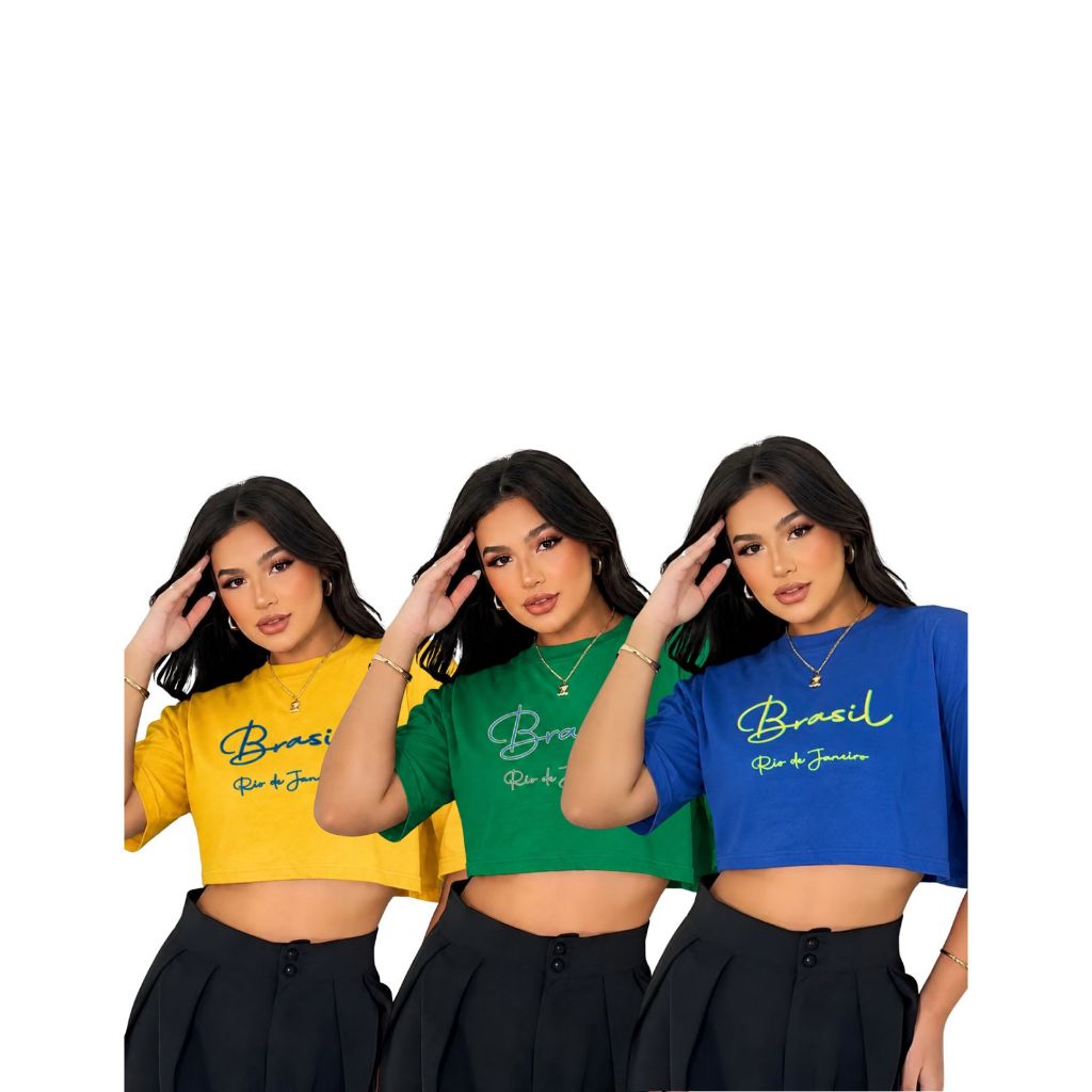Kit 3 Cropped Oversized Brasil Feminino Confortável Streetwear