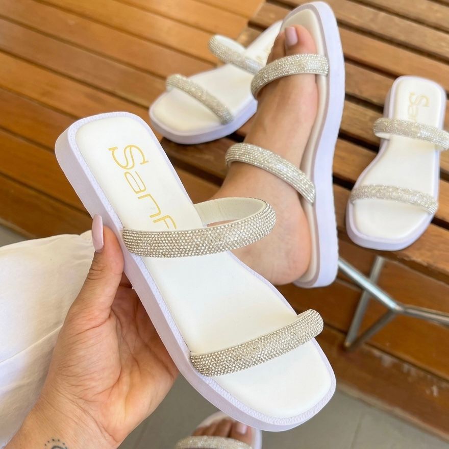 Papete Sanf Feminino Rasteirinha Strass Tendência Leve Confortável Macia Elegante Flatform Original