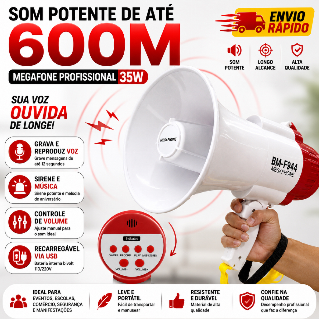 Megafone Portátil Recarregável 35W USB Sirene Gravador Amplificador Voz Alcance 600m BM-F944