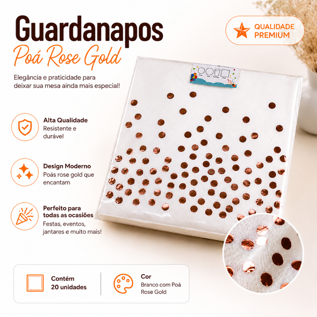 Kit 60 Guardanapos de Papel decorado com Bolinhas metalizadas Rosé Gold para Festas Mesa Posta 33x33cm