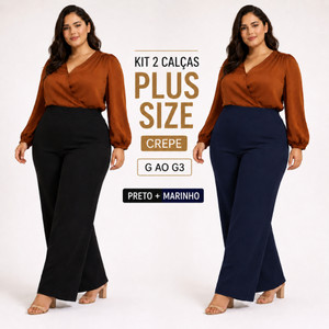 Kit 2 Calças Pantalona Plus Size Feminina Crepe Cintura Alta G G1 G2 G3 Social Elegante