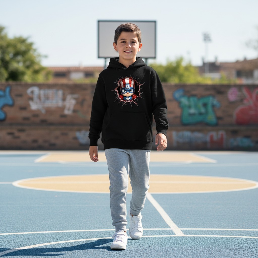 Moletom Infantil Super Herói Menino Canguru Flanelado Inverno Casual Estampado Confortável Preto