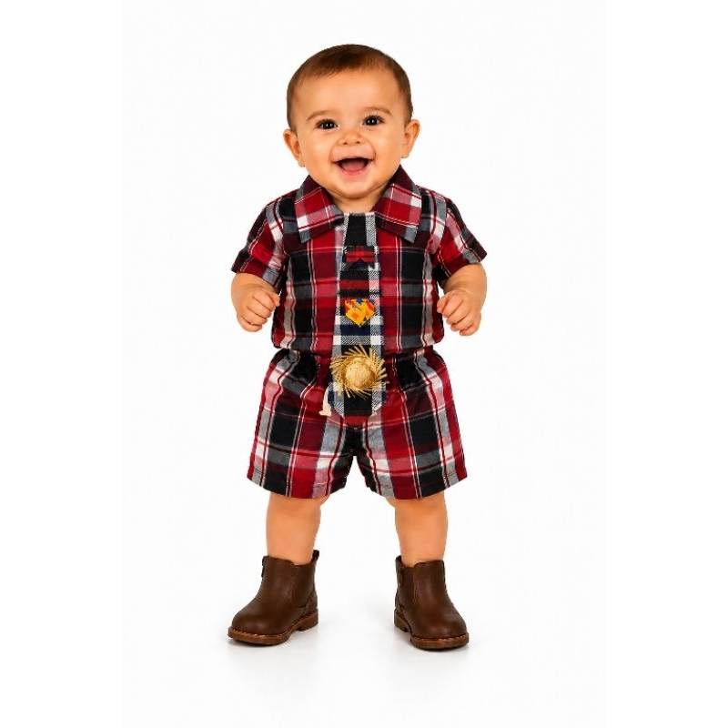 Roupa Bebê Festa Junina Xadrez Masculino Camisa + Bermuda + Gravata (3 a 9 Meses) Conjunto Infantil