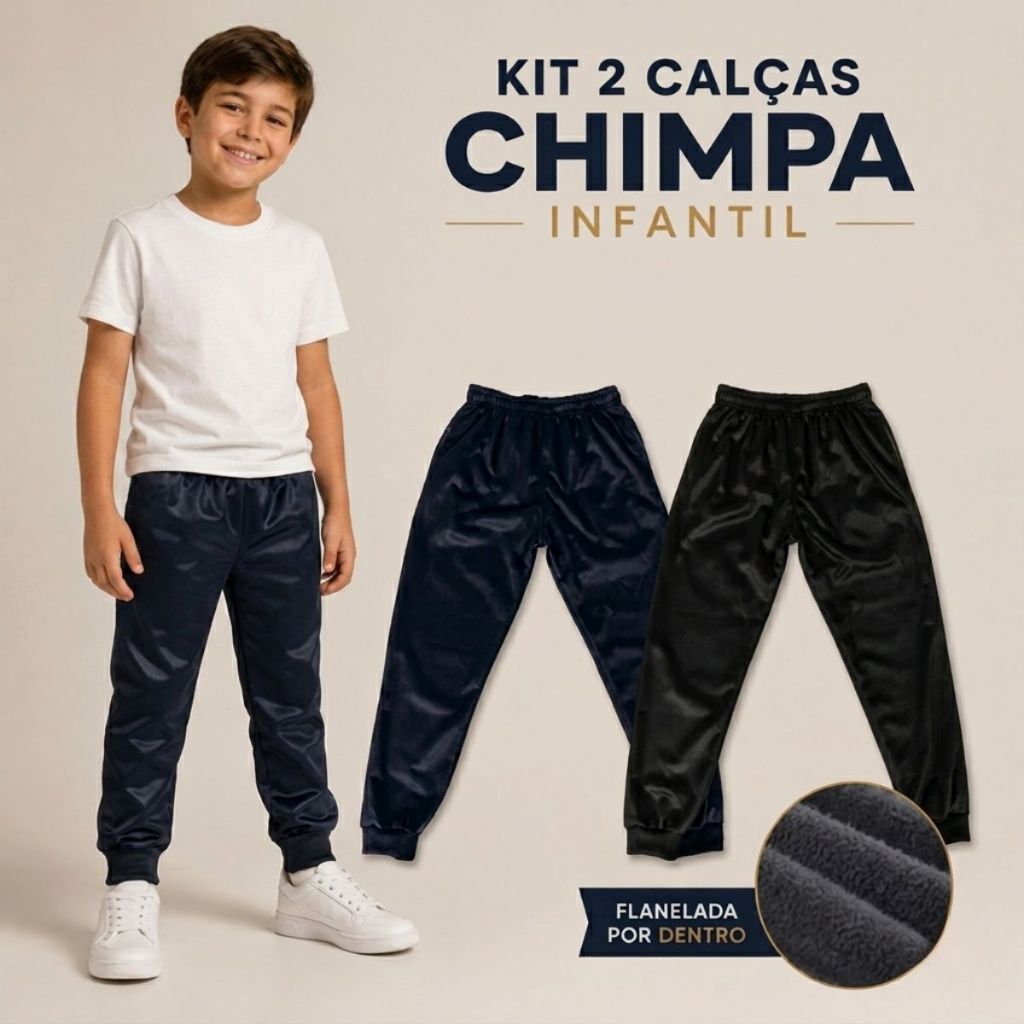 Kit 2 Calças Infantil Juvenil Preta e Azul Escola Inverno Chimpa Flanelado Jogger Tamanho 02 Ao 16