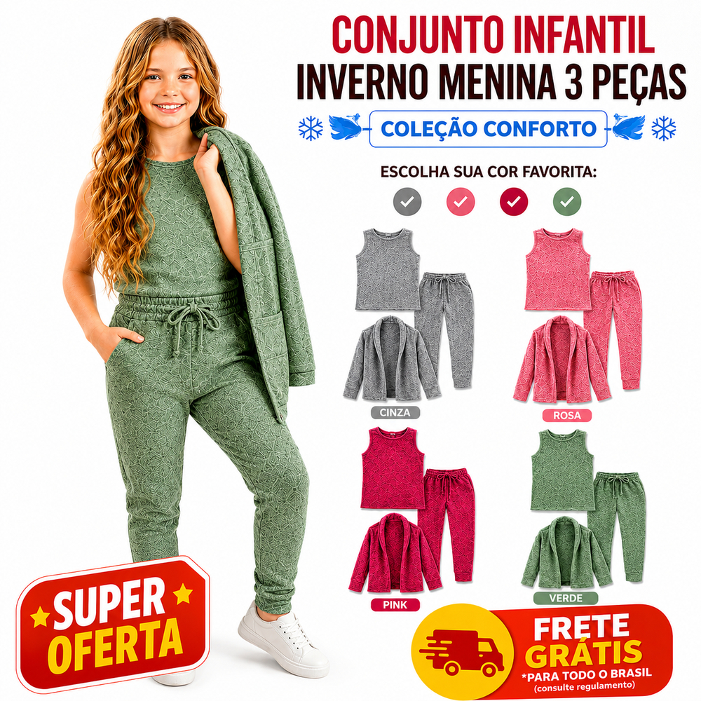 Conjunto Infantil Feminino 3 Peças Inverno Roupa Menina Quentinha Estilosa Conjunto Infantil Roupa Quentinha e Elegante