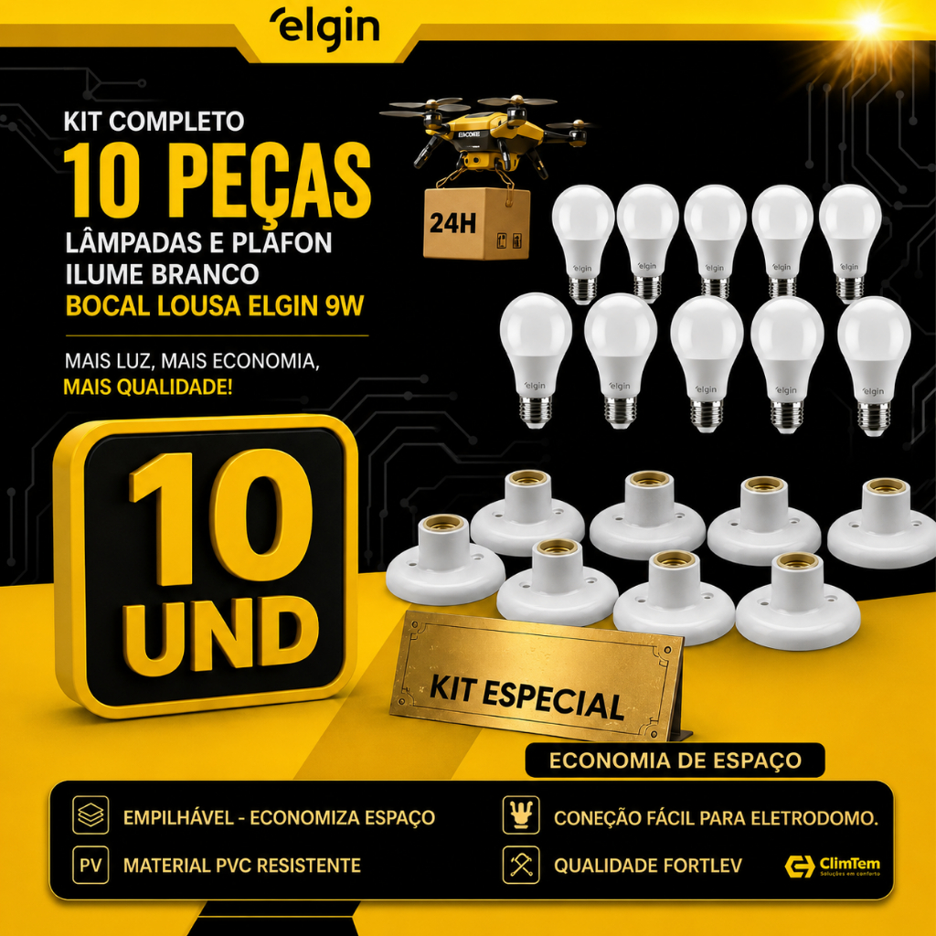 Kit 10 Lâmpadas LED Elgin 9W com Plafon Branco Bocal E27 Iluminação Residencial
