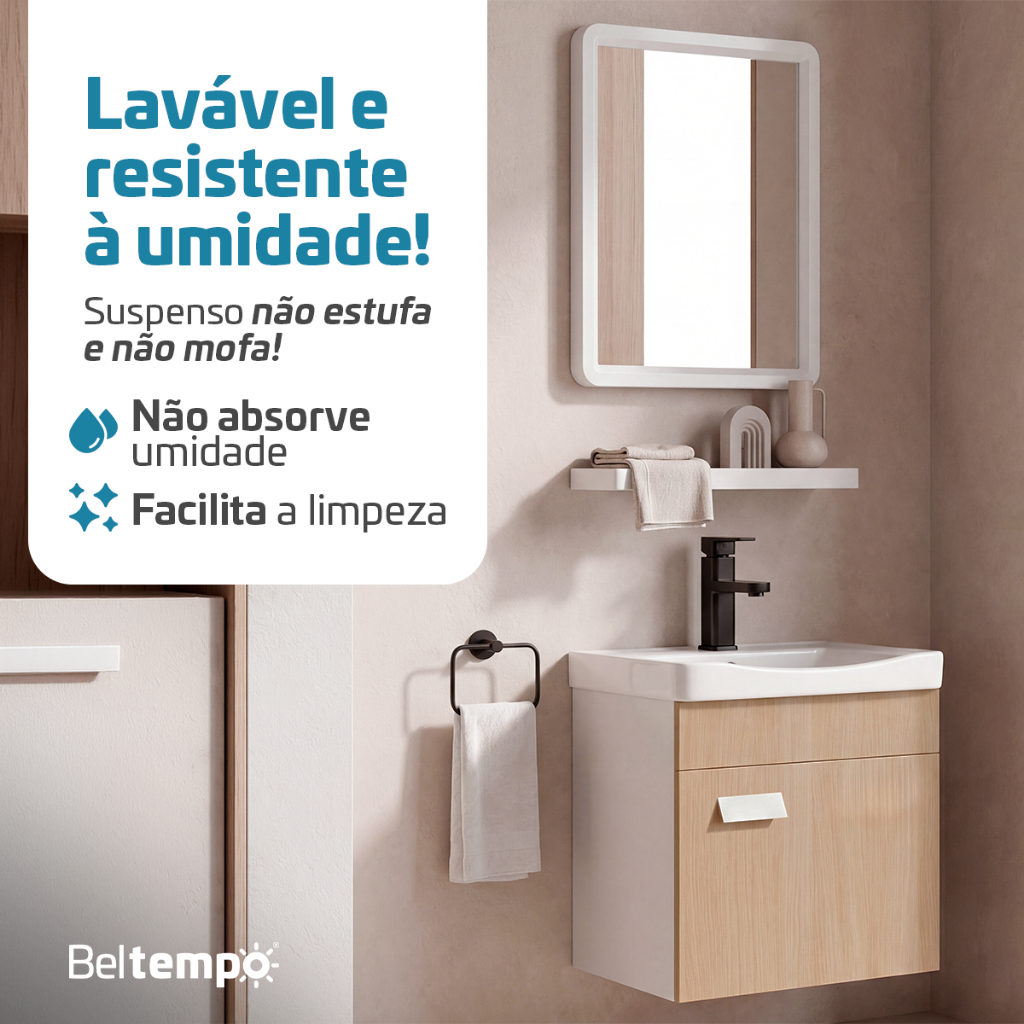 Gabinete Suspenso Banheiro Impermeável Anti Umidade Armário Cuba Espelho Prateleira 43x40cm Beltempo