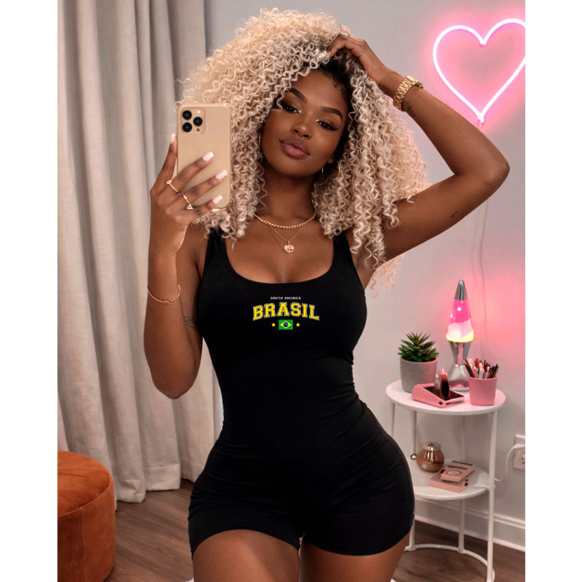 Macacão Feminino Suplex Alça Larga Curto Brasil Moda Fitness Academia