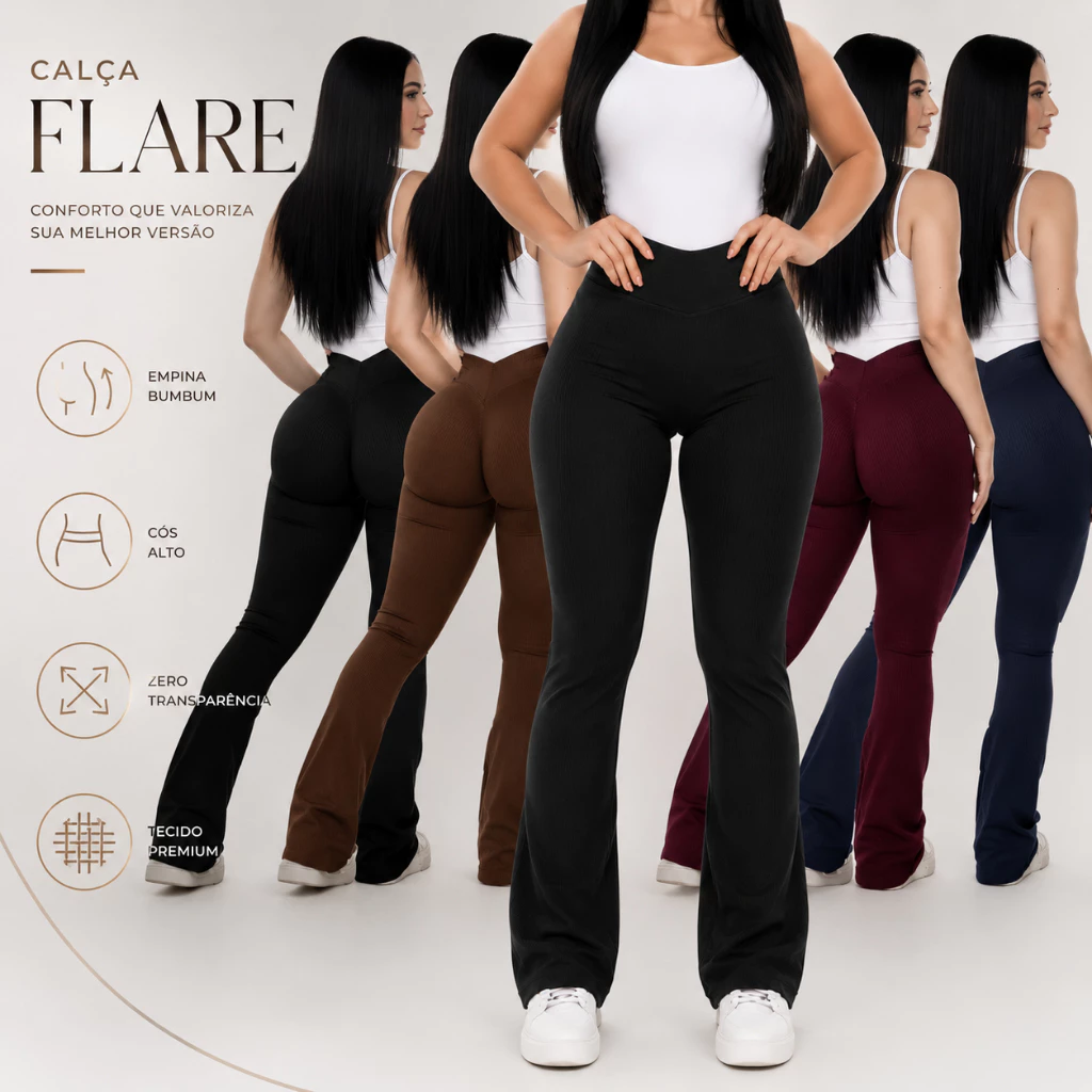 Calça Legging Flare canelada Empina Bumbum leg boca de sino bailarina Zero Transparência Inverno