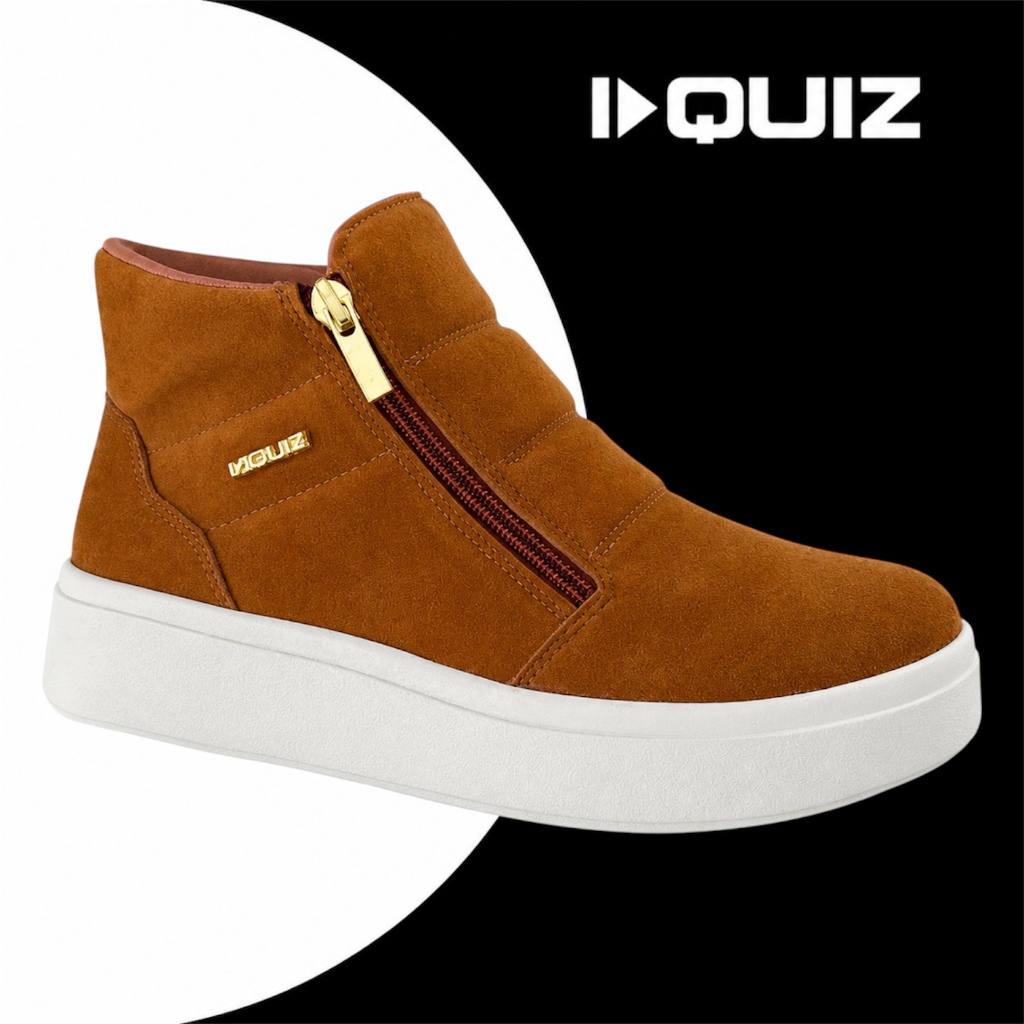 Tênis Bota feminina Quiz caramelo cano curto zíper casual confortável dia a dia inverno