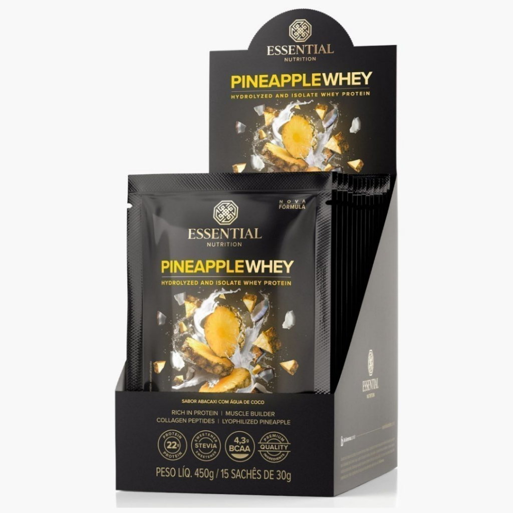 PINEAPPLE WHEY ESSENTIAL NUTRITION | WHEY PROTEIN SABOR ABACAXI COM ÁGUA DE COCO 15X30G
