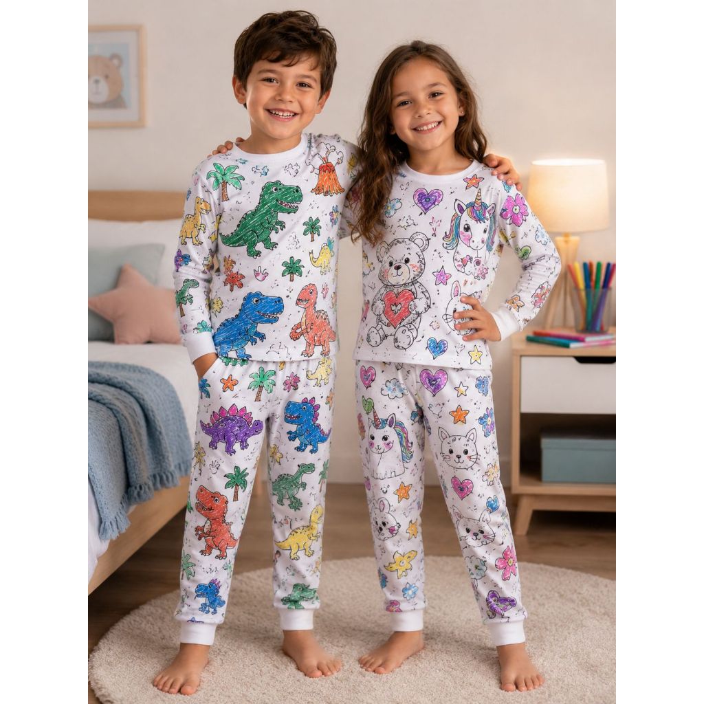 Pijama de Colorir Inverno Manga Longa Lavável Menina Menino com Kit de Canetinhas