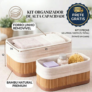 Organizador De Bambu E Tecido Para Lavabo Closet E Banheiro - Escolha A Quantidade