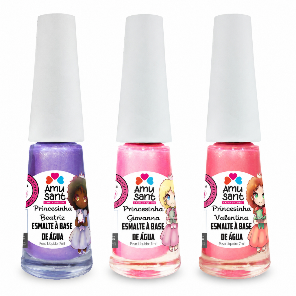 Kit C/3 Esmaltes Infantil A Base De Água Amusant -Princesinha Beatriz ;Princesinha Valentina;Princesinha Giovanna