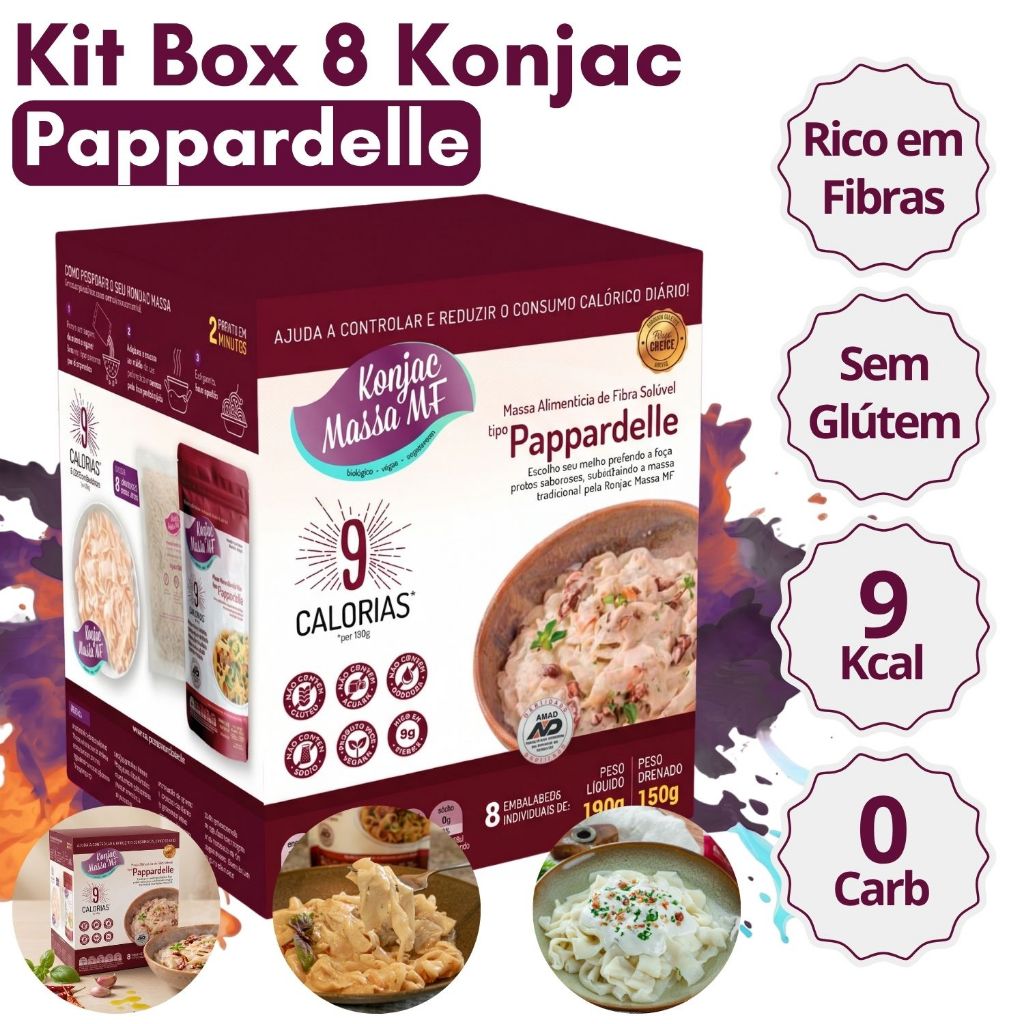 Kit Box 8 Macarrão Fitness Tipo Pappardelle Konjac Massa Sem Glúten Açúcar Fortalece a Saúde Instestinal