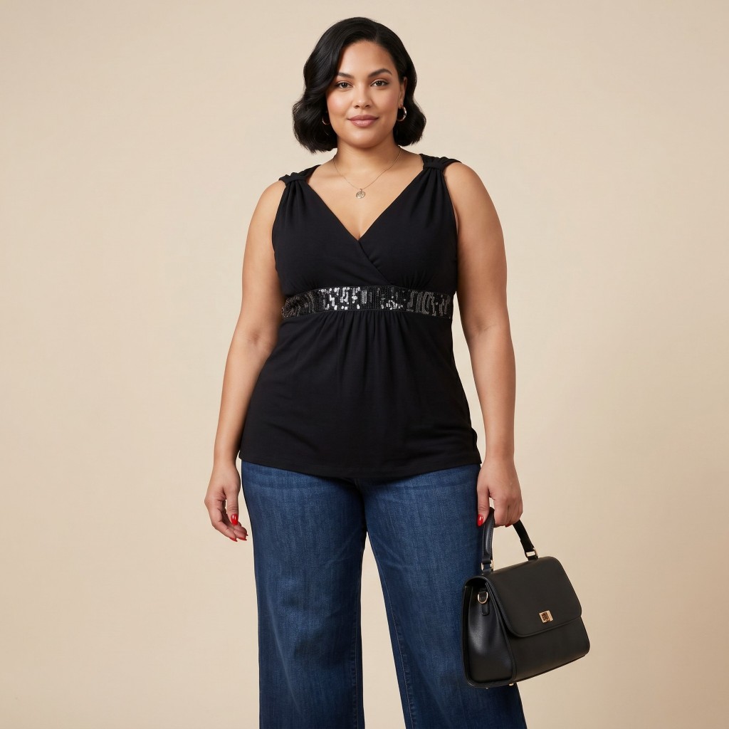 Blusa Regata Feminina Preta Decote V Elegante Com Paetê Brilho Cintura Festa Social