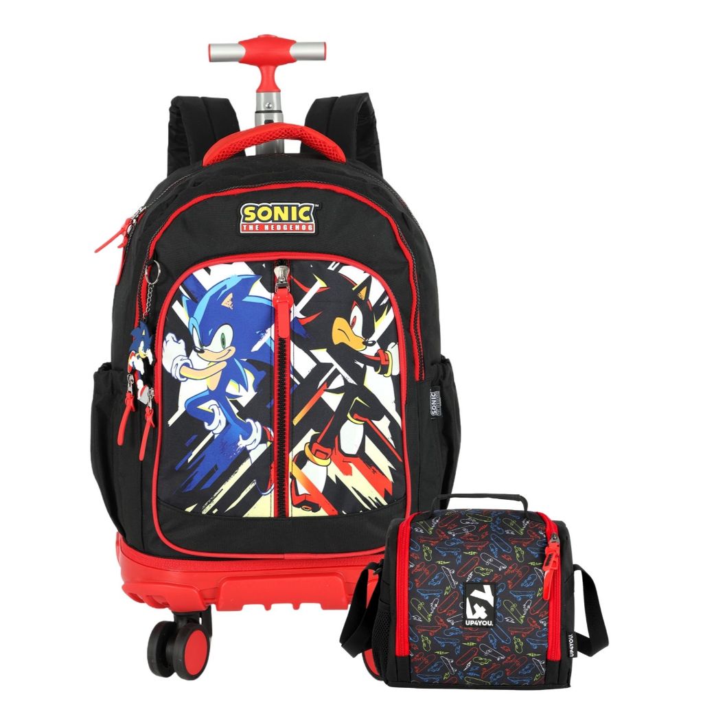 Kit Conjunto Escolar Sonic Gamer Mochila 2em1 Rodinha e Costas + Lancheira Térmica Merendeira UP4YOU