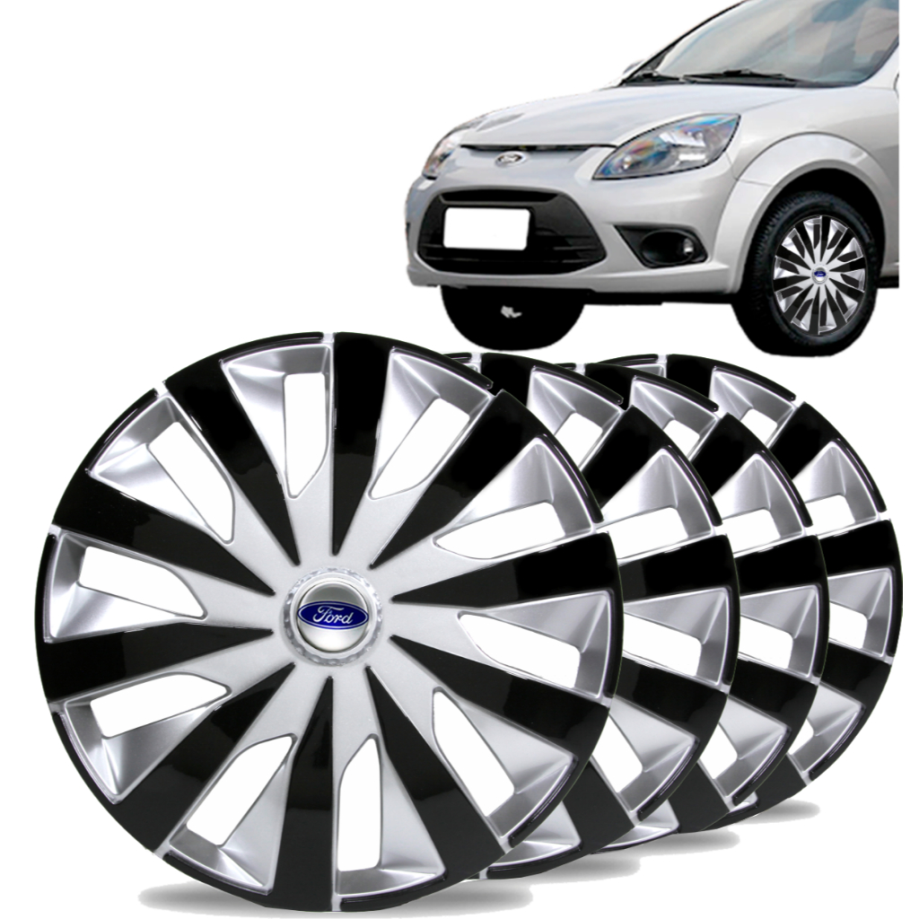 Jogo 4 Calotas Aro14 Seven Black Silver Ford Fiesta Focus  Kit Carlota Ka Escort