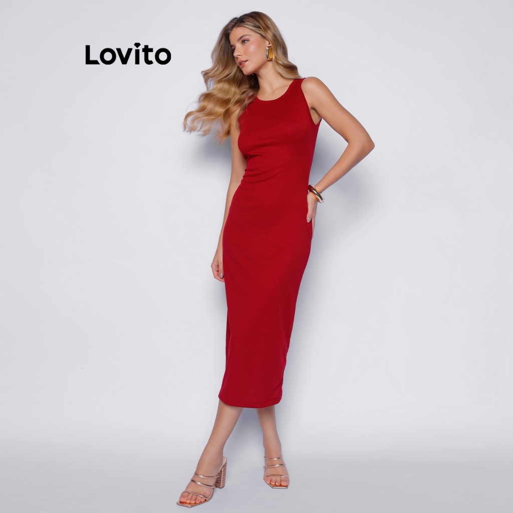 Lovito Vestido Feminino Midi Malha Ribana Básico DRB898BRL929