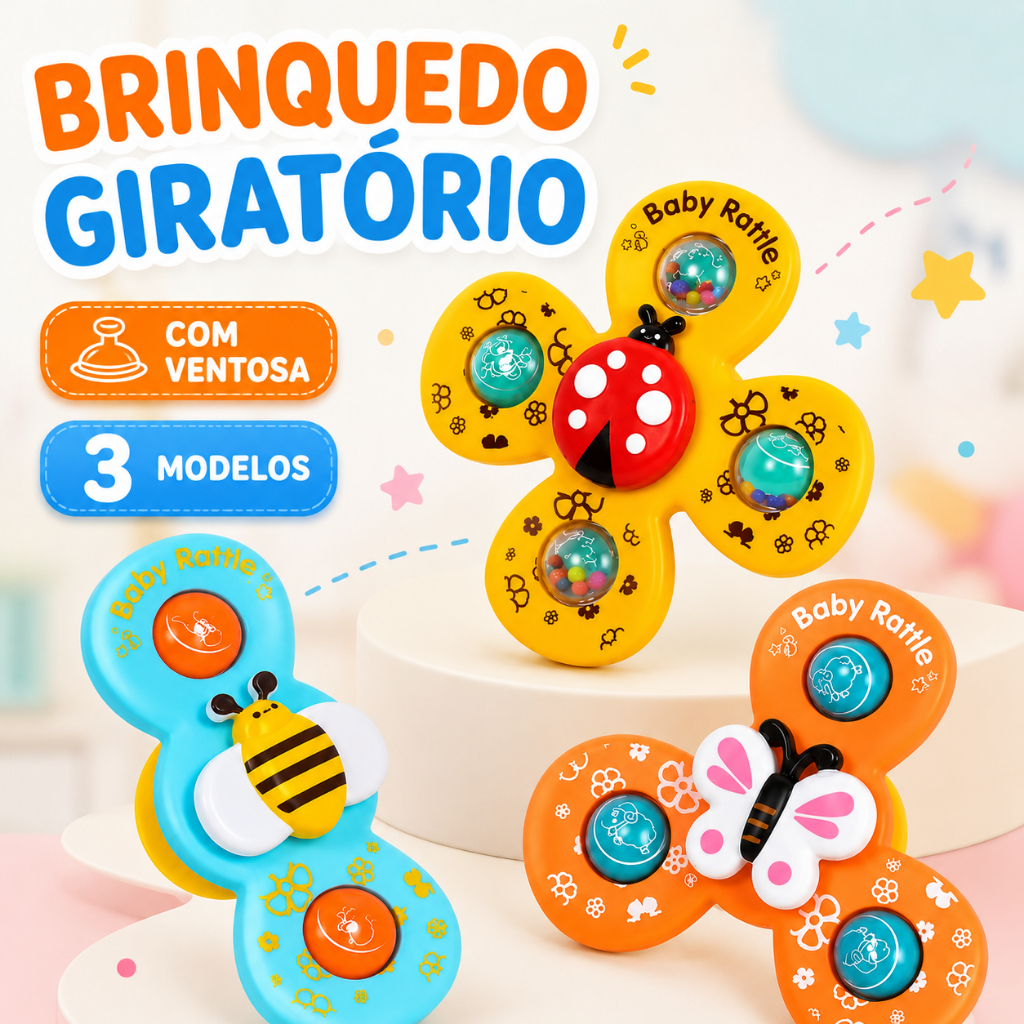 Kit 3 Peças Brinquedo de Banho para Bebê Girador com Ventosa  Chocalho Sensorial