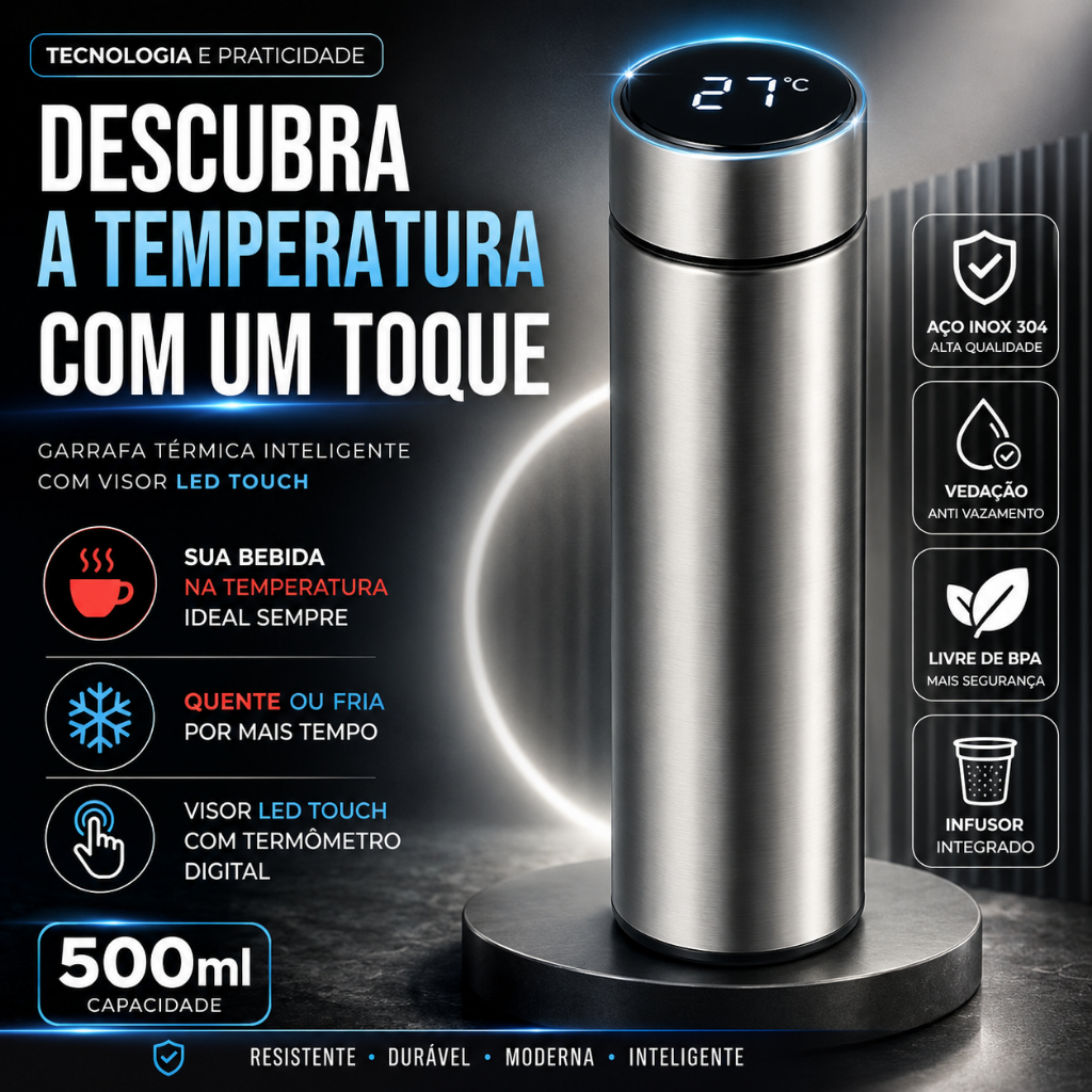 Garrafa Térmica Inteligente 500ml com Termômetro LED Inox Bebida Quente e Fria