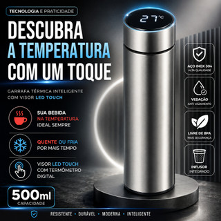 Garrafa Térmica Inteligente 500ml com Termômetro LED Inox Bebida Quente e Fria