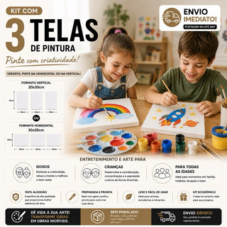 Kit com 3 Telas De Pintura 20x30 Tela Dezenho Adultos Crianças Reforçada Madeira Algodão