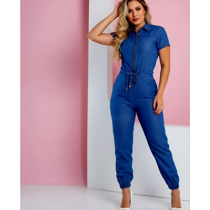 Macacão Longo Macaquinho Jardineira Calça Jeans Feminina Manga Curta Azul Tam 44/46