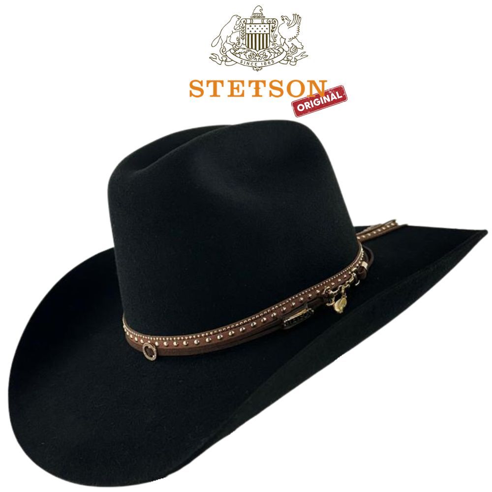 Chapéu De Feltro 30X Stetson Preto Bandinha Com Strass Pingente Pena Carneira Tecido REF:64463