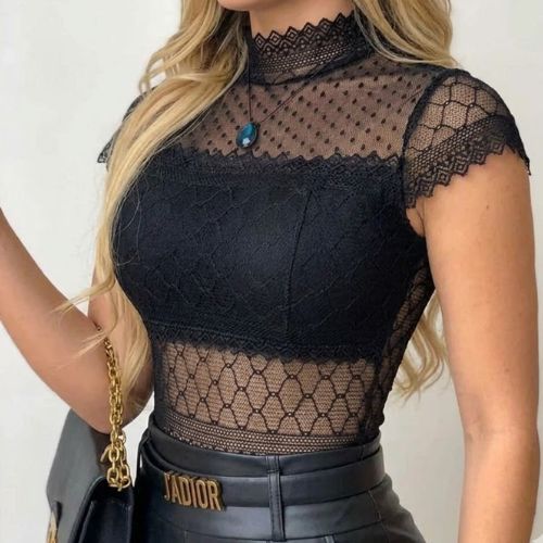 Body Blusa Tule Transparente Gola alta Com Manguinha Renda Com Bojo e Fecho Inverno Sexy e Elegante