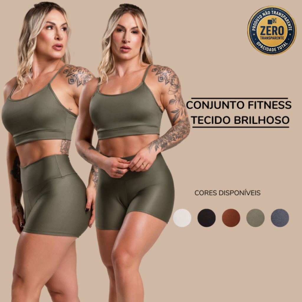 Conjunto Fitness Feminino Brilhoso Academia Top Alcinha e Short Liso Cintura Alta Brilho ZERO TRANSPARÊNCIA