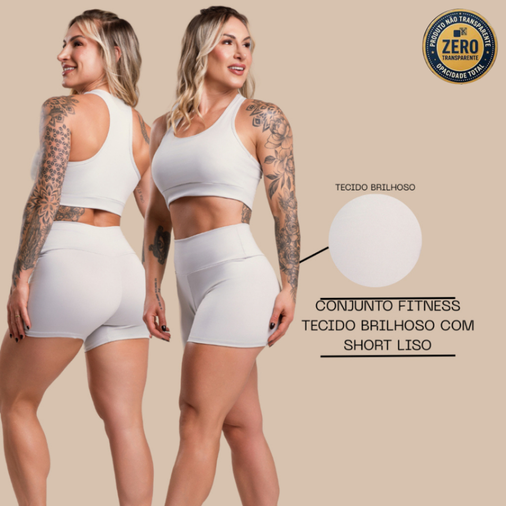 Conjunto Fitness Feminino Brilhoso Academia Top Nadador e Short Liso Cintura Alta Brilho Treino ZERO TRANSPARÊNCIA