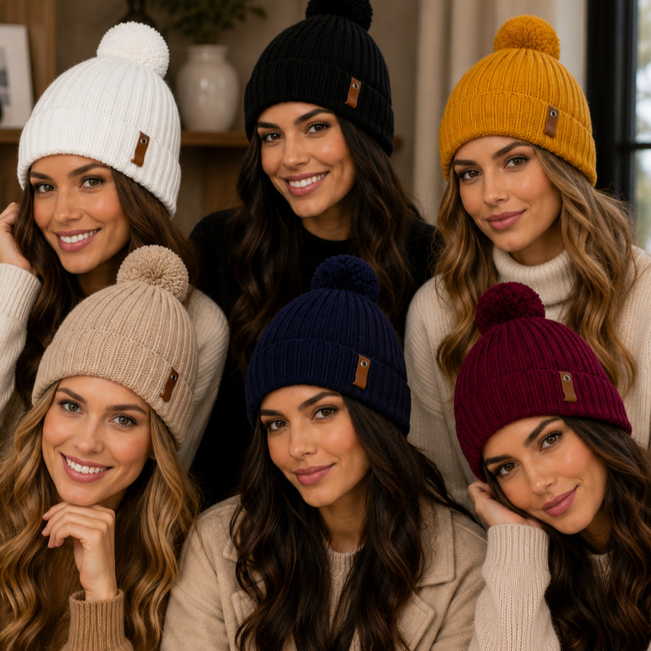 Touca Feminina com Pompom Tricot Premium Gorro Inverno Quentinho Macio Estiloso com Detalhe em Couro