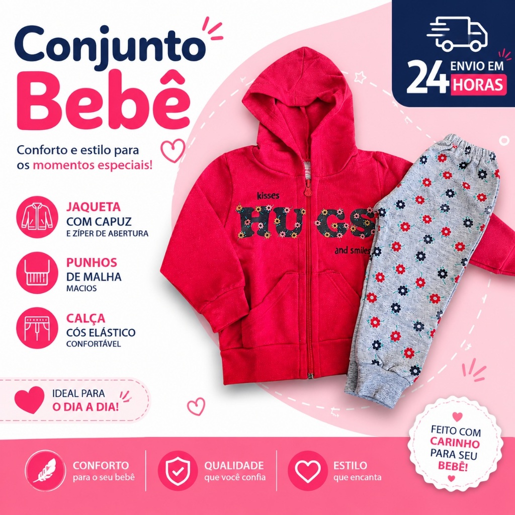 Conjunto Moletom Bebê Menina Algodão Jaqueta Com Capuz  Zíper Calça Estampada Roupa Menina Inverno