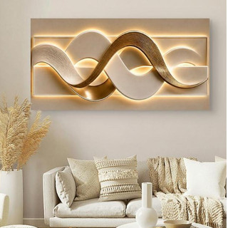 Quadro Decorativo Abstrato efeito 3D efeito LED Ondas Douradas – Decoração Sala Quarto (N…