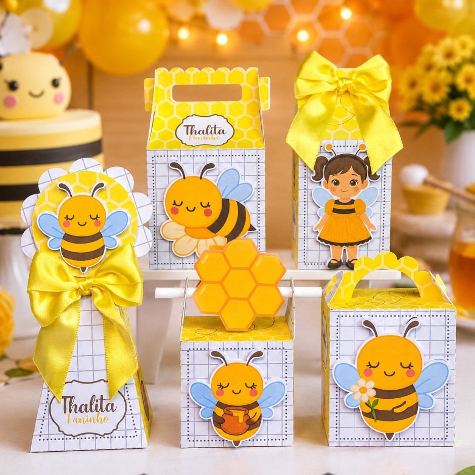 Kit Festa Pegue e Monte Lembrancinhas Personalizadas Abelhinha Aniversário Caixa Luxo com 5 Modelos