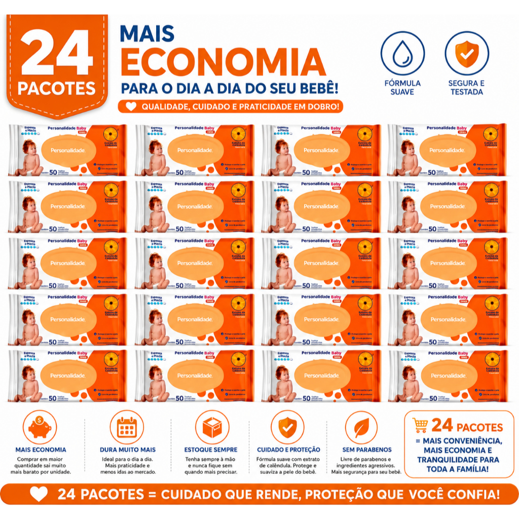 Kit 1.200 Lenços Toalhas Umedecidas Personalidade Baby Ultra, 24 Pacotes C/50 Toalhas Cada, Hipoalergenicas