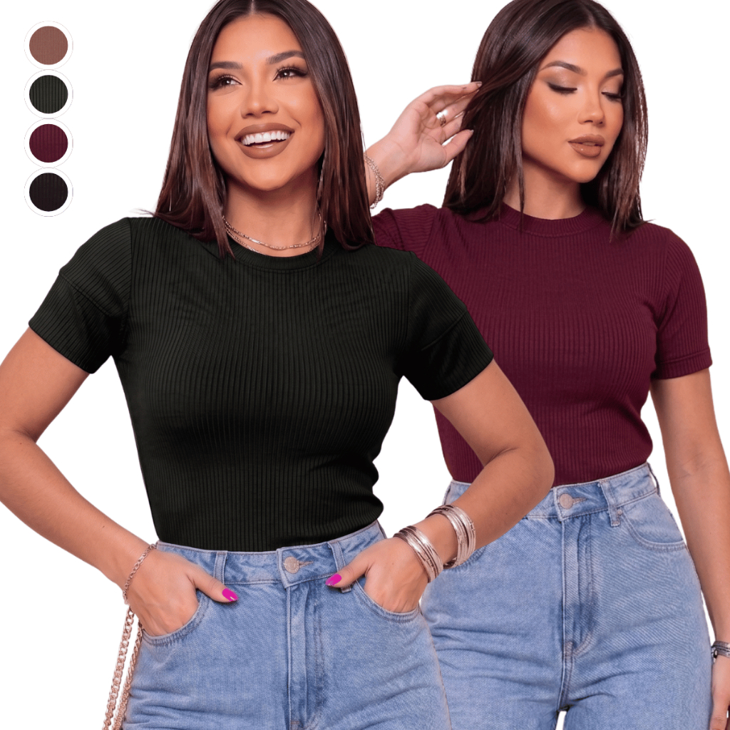 Blusa Feminina Ribana Canelada Manga Curta Básica Casual Moda Feminina Confortável