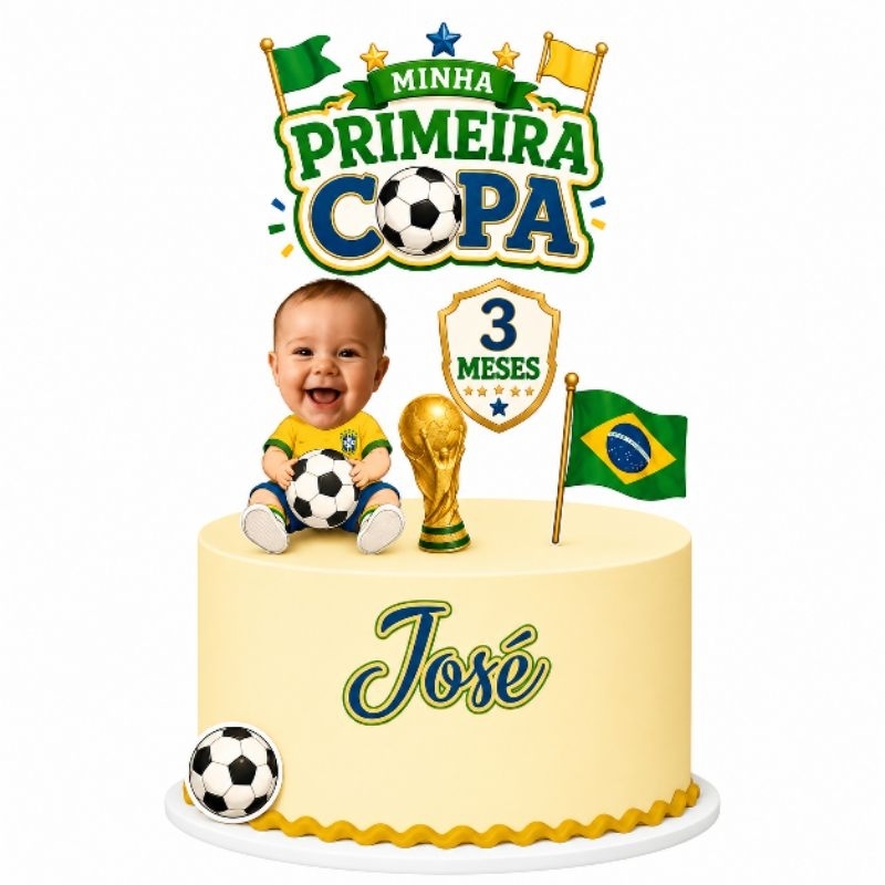 Topo bolo minha primeira copa - topper personalizado copa do mundo mêsversário