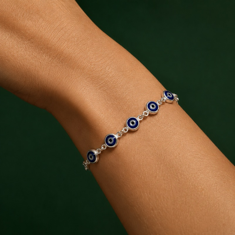 Pulseira Prata 925 com Olho Grego Azul Delicada e Sofisticada