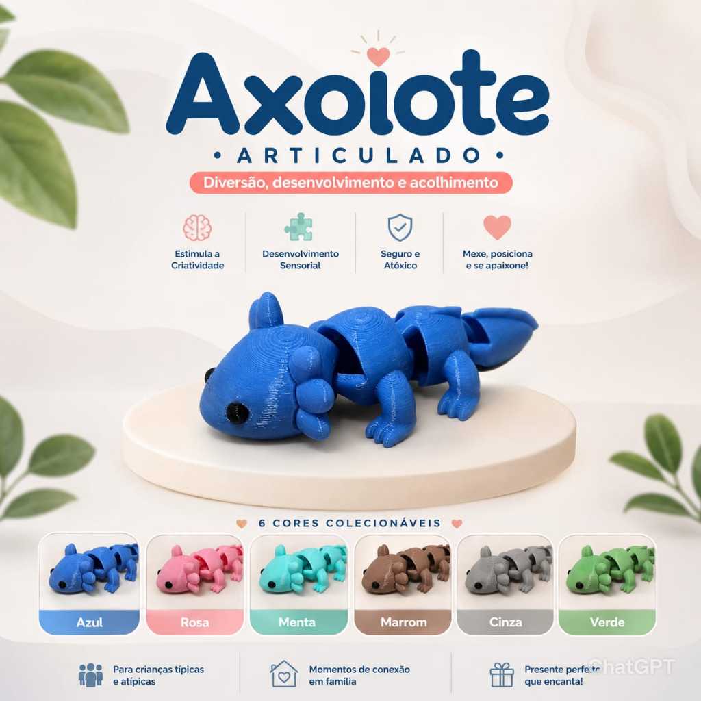 Axolote articulado flexível estilo fidget 3D, brinquedo antiestresse para ansiedade e foco, colecionável para crianças