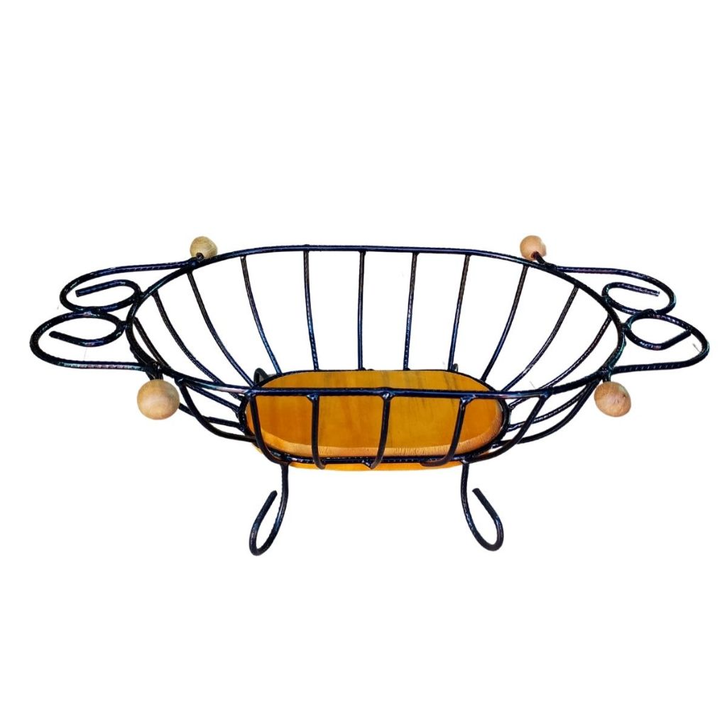 Promoção Fruteira De Mesa Oval  Ferro E Madeira Pequena Preto Fruteira