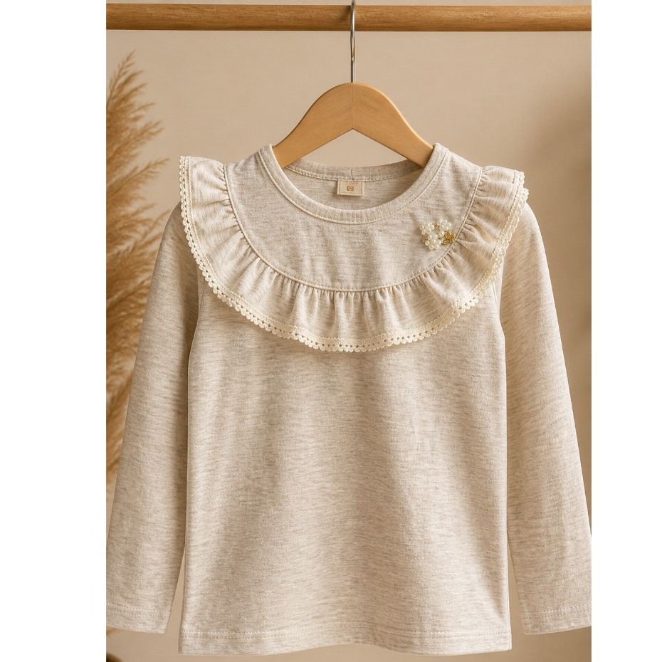 Blusa Infantil Manga Longa Rosa com Babado e Pérolas