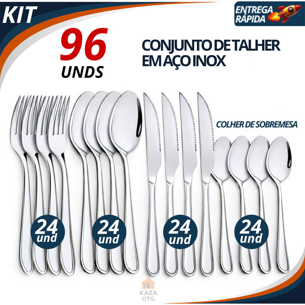 Jogo de Talheres 24/36/72/96 Peças Faqueiro Aço Inox Faca Garfo Colher de Mesa e Colheres de Sobremesa