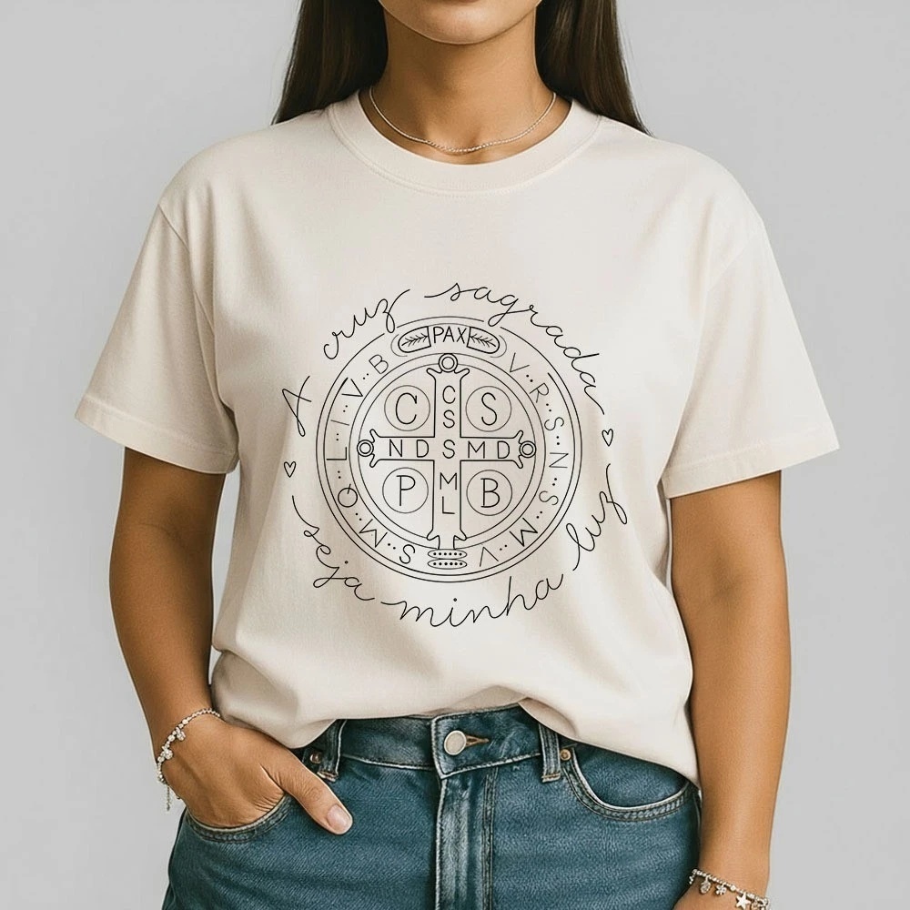 👉 Camiseta Feminina São Bento Cruz Sagrada 100% Algodão Proteção Fé Católica Confortável Casual Dia a Dia