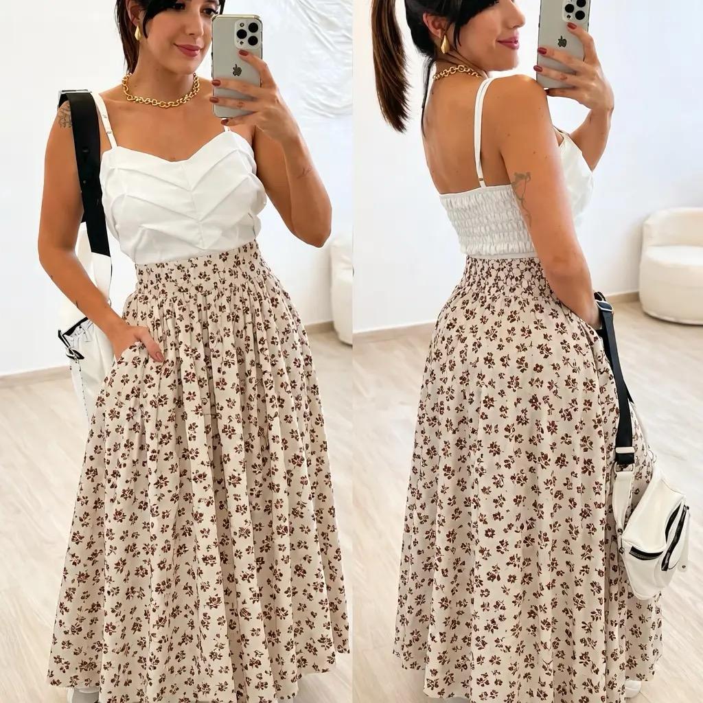 Saia Longa Floral Feminina Cintura Alta com Fendas Laterais Estilo Casual Elegante